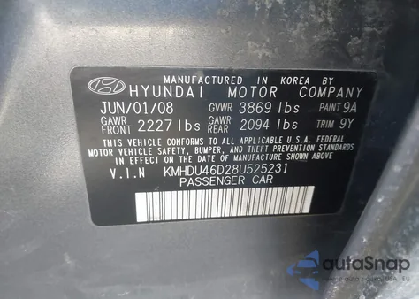 2008 Hyundai Elantra Gls/Se из США, поврежденный, VIN KMHDU46D28U525231